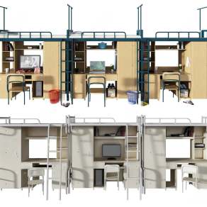 现代宿舍铁架双层床组合3D模型下载